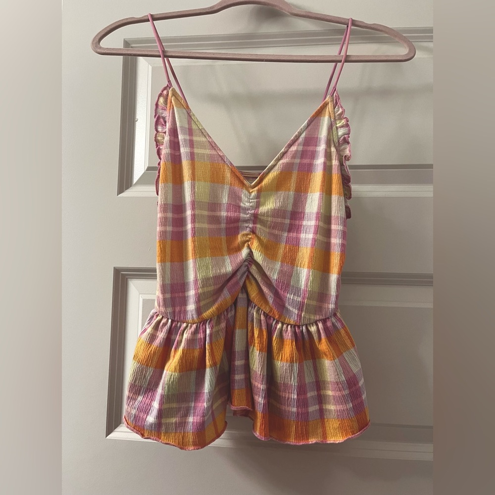 Urban Outfitters Pink and Orange Plaid Babydoll Tank